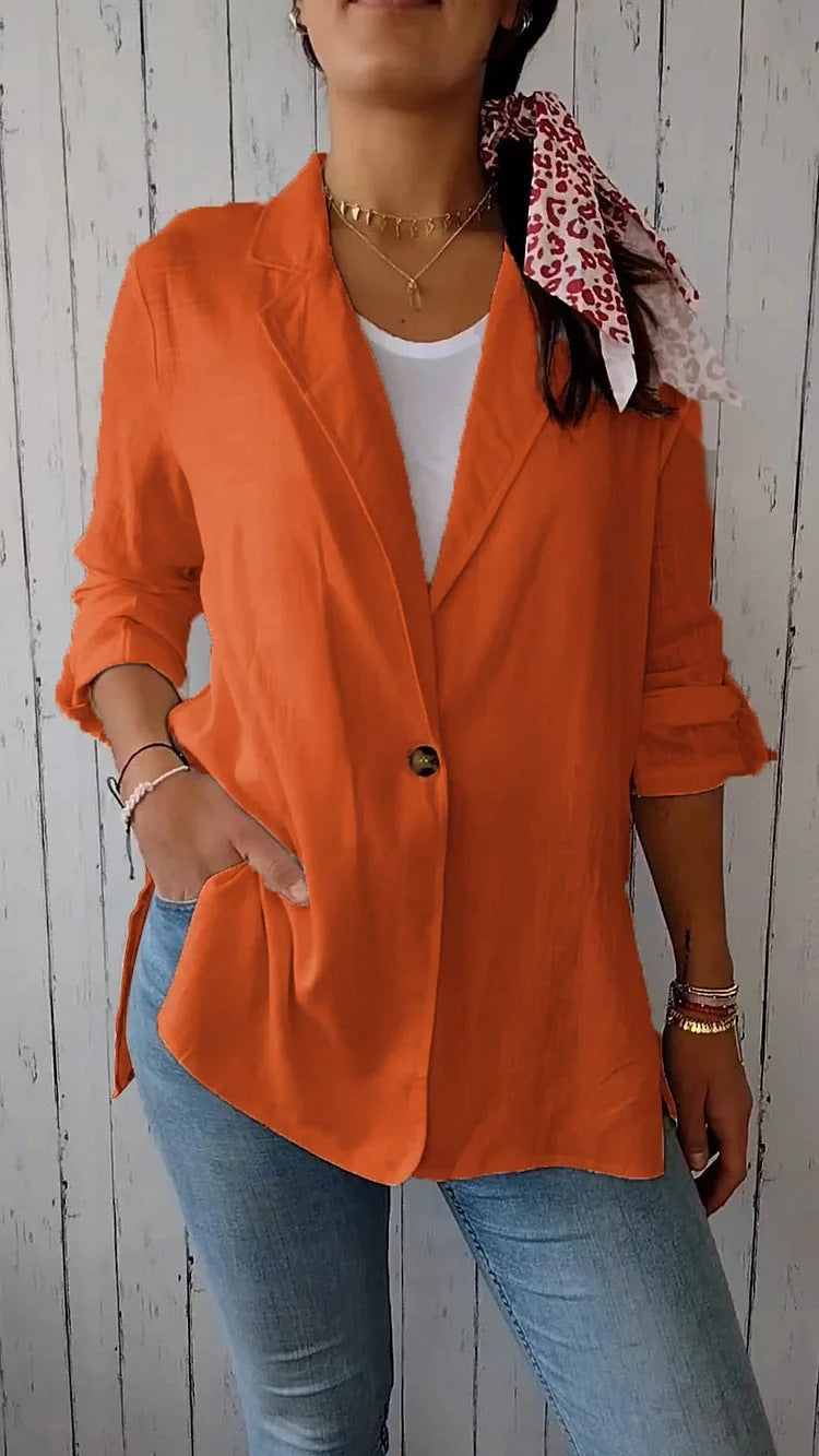 AutumnWinter Womens Cotton-linen Blazer With A Lapel And A Single Button