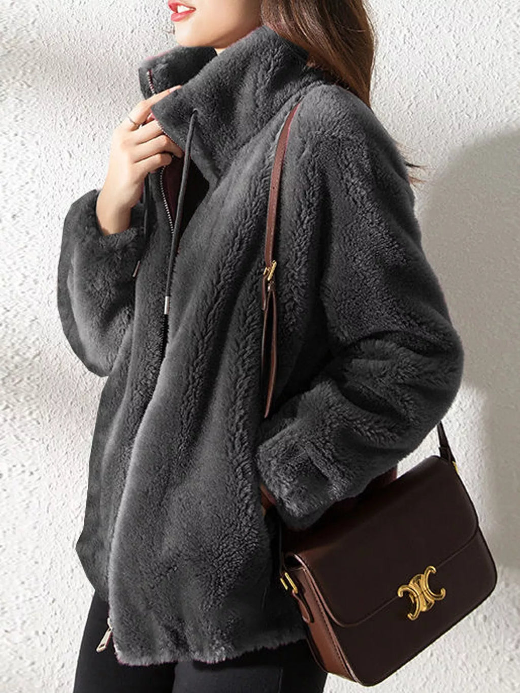 Full Size Drawstring Faux Fur Stand-Collar Zip-Up Outerwear Plus Size