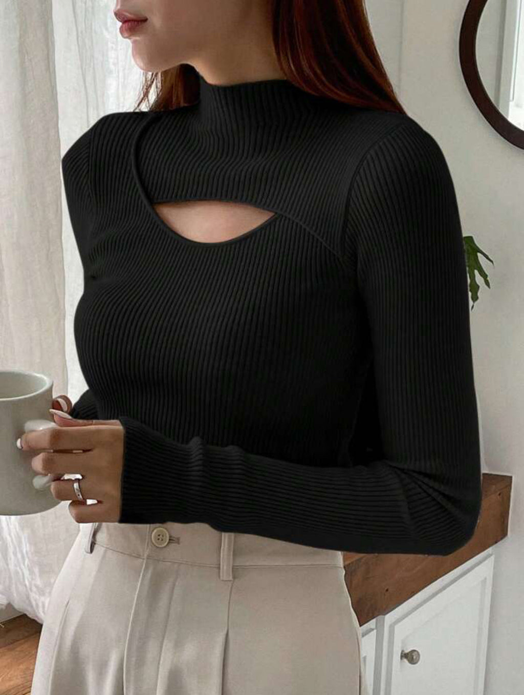 Women's Hollow-out Knit Sweater Mock Neck Sweater