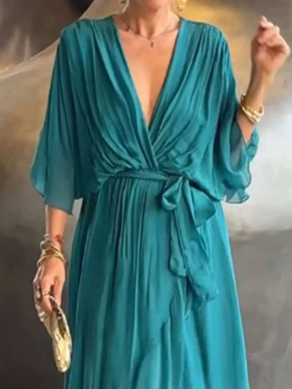 Full Size Chiffon Wrap Dress with Flutter Sleeves Plus Size