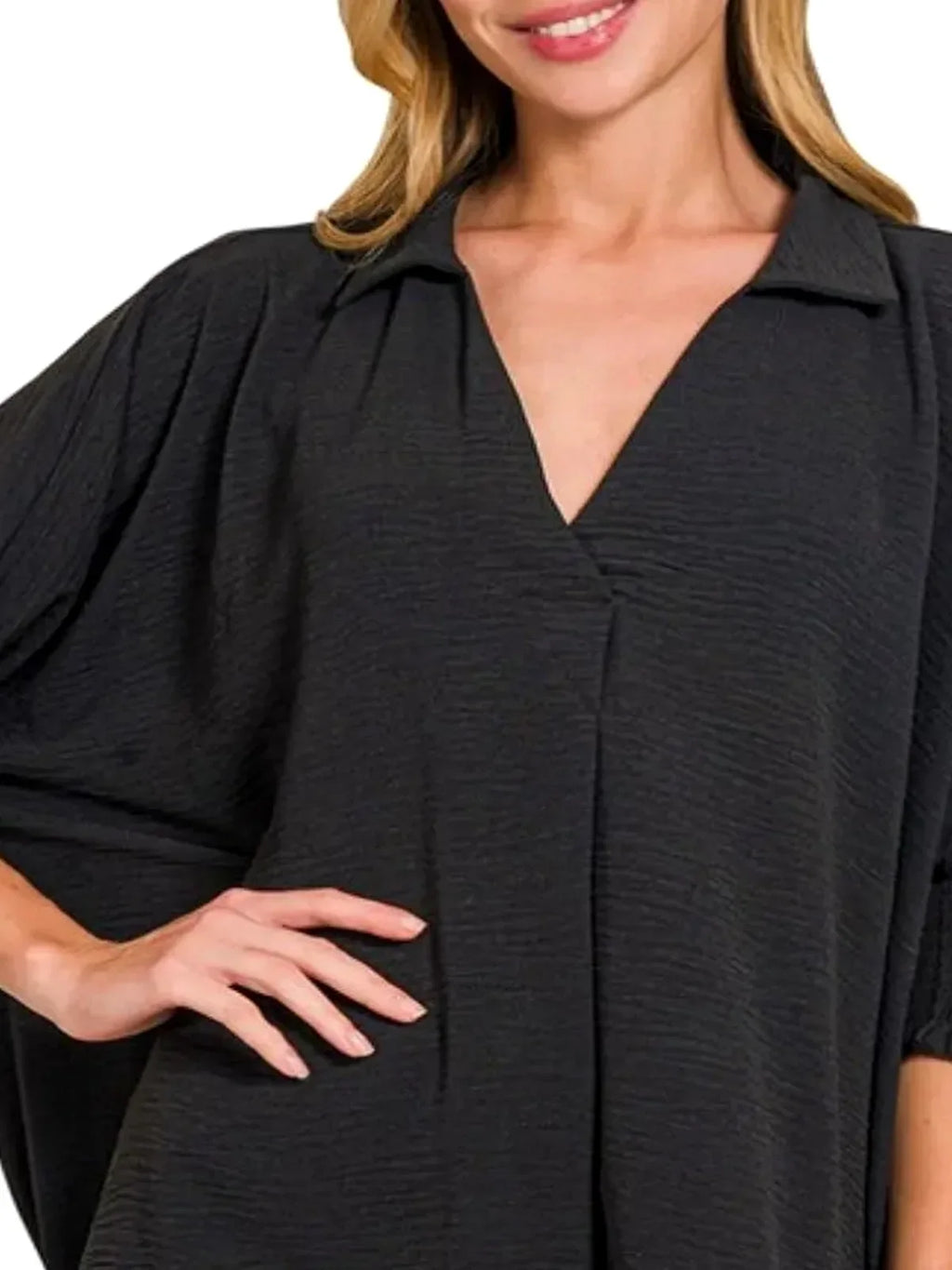 Oversized Woven Collared Top with Smocked Sleeve Bands