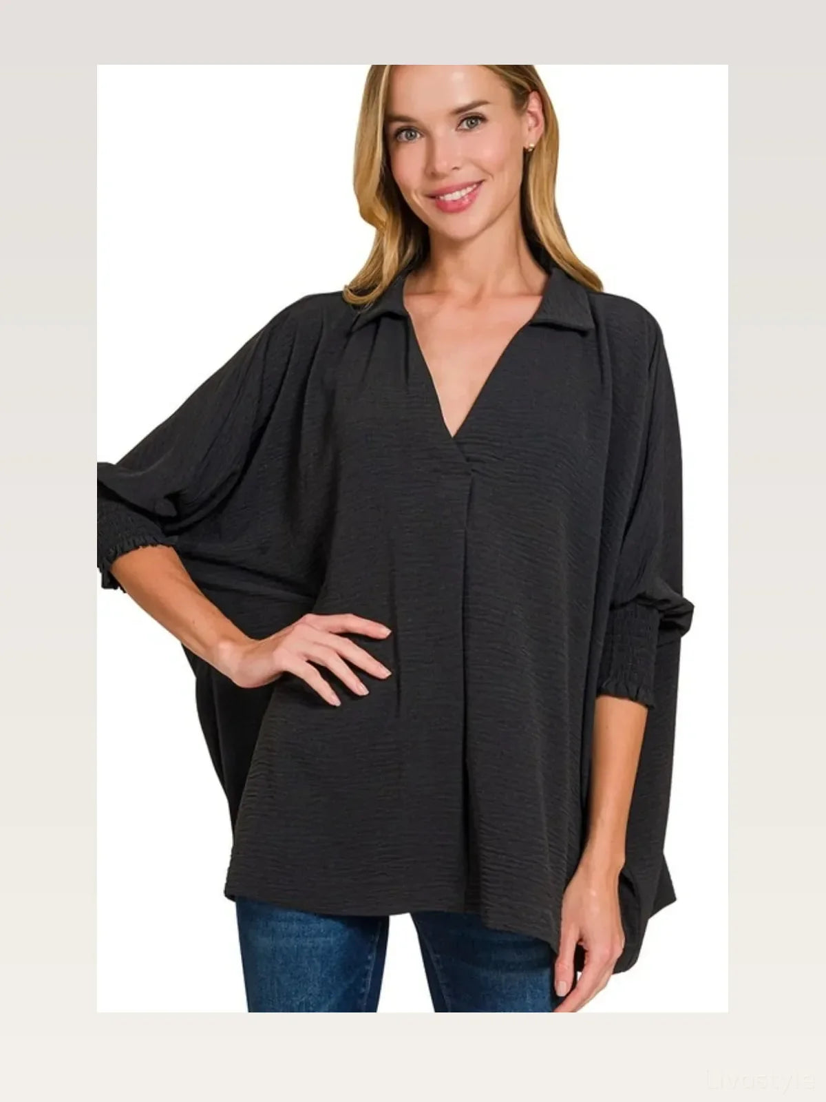 Oversized Woven Collared Top with Smocked Sleeve Bands