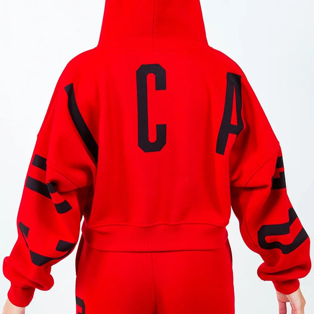 Graphic Cropped Hoodie with Drawstring – Red