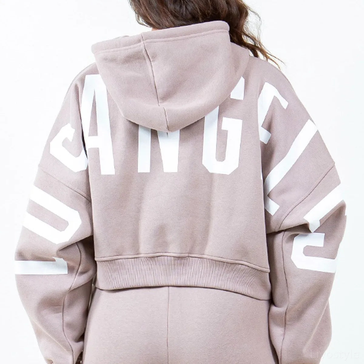 Letter Graphic Cropped Hoodie with Drawstring and Drop Shoulders