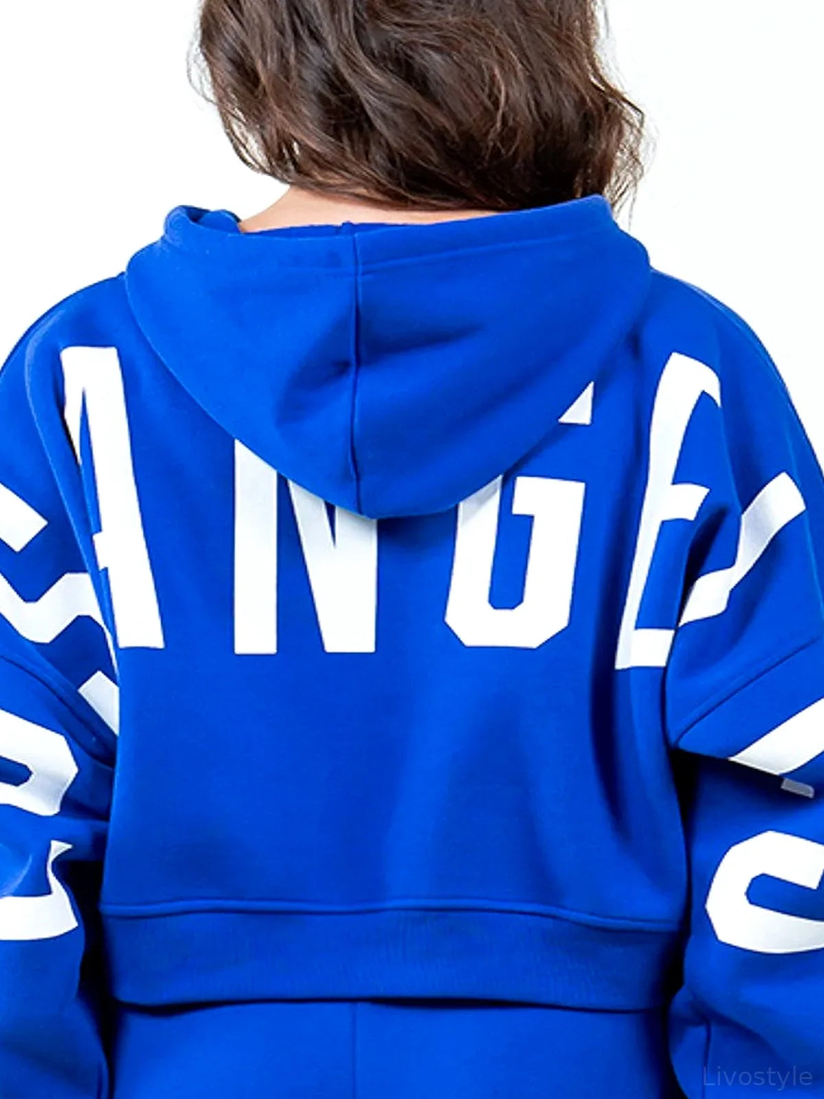 Cropped Hoodie with Graphic Letter and Drawstring Hood