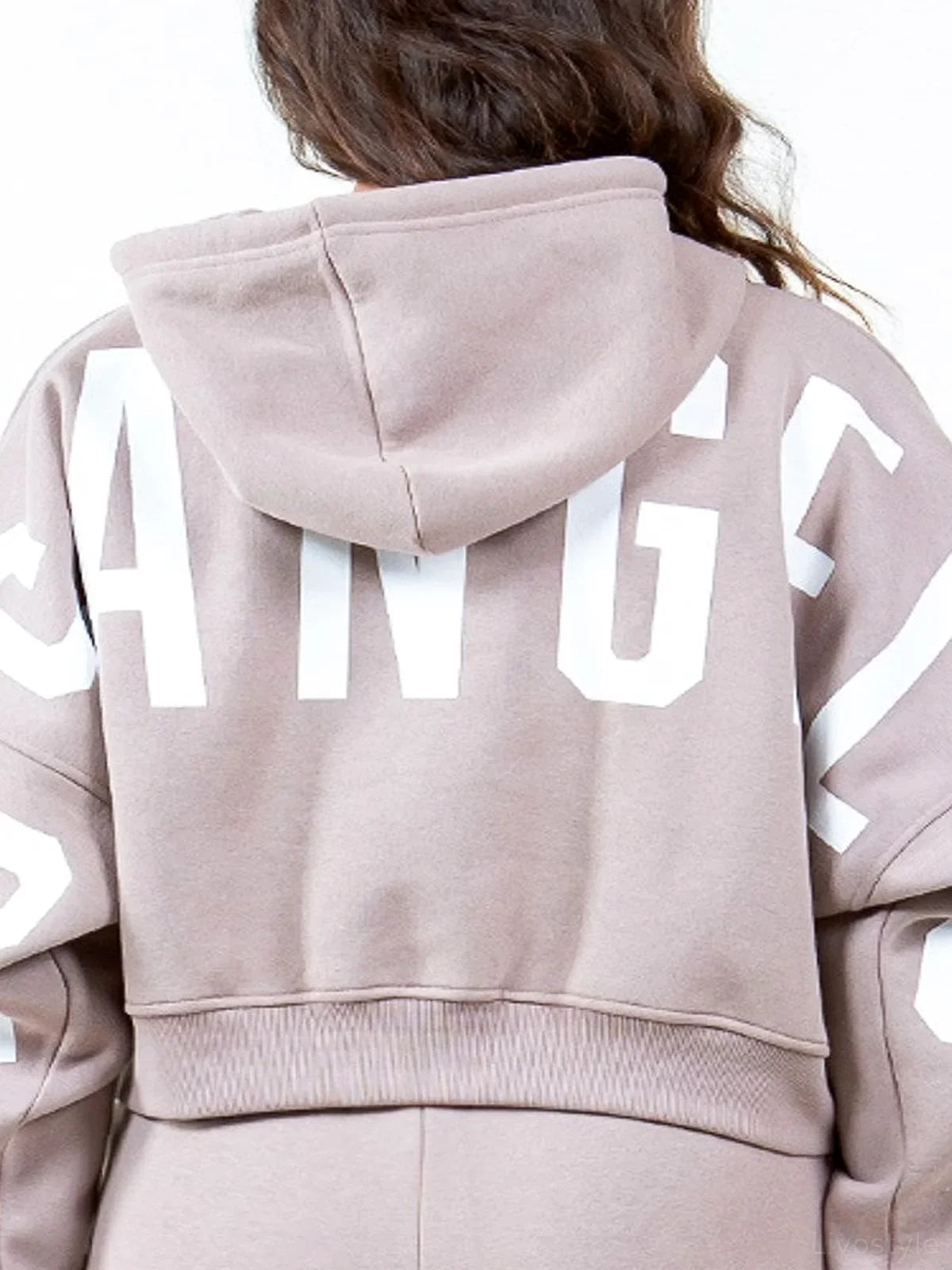 Letter Graphic Cropped Hoodie with Drawstring and Drop Shoulders