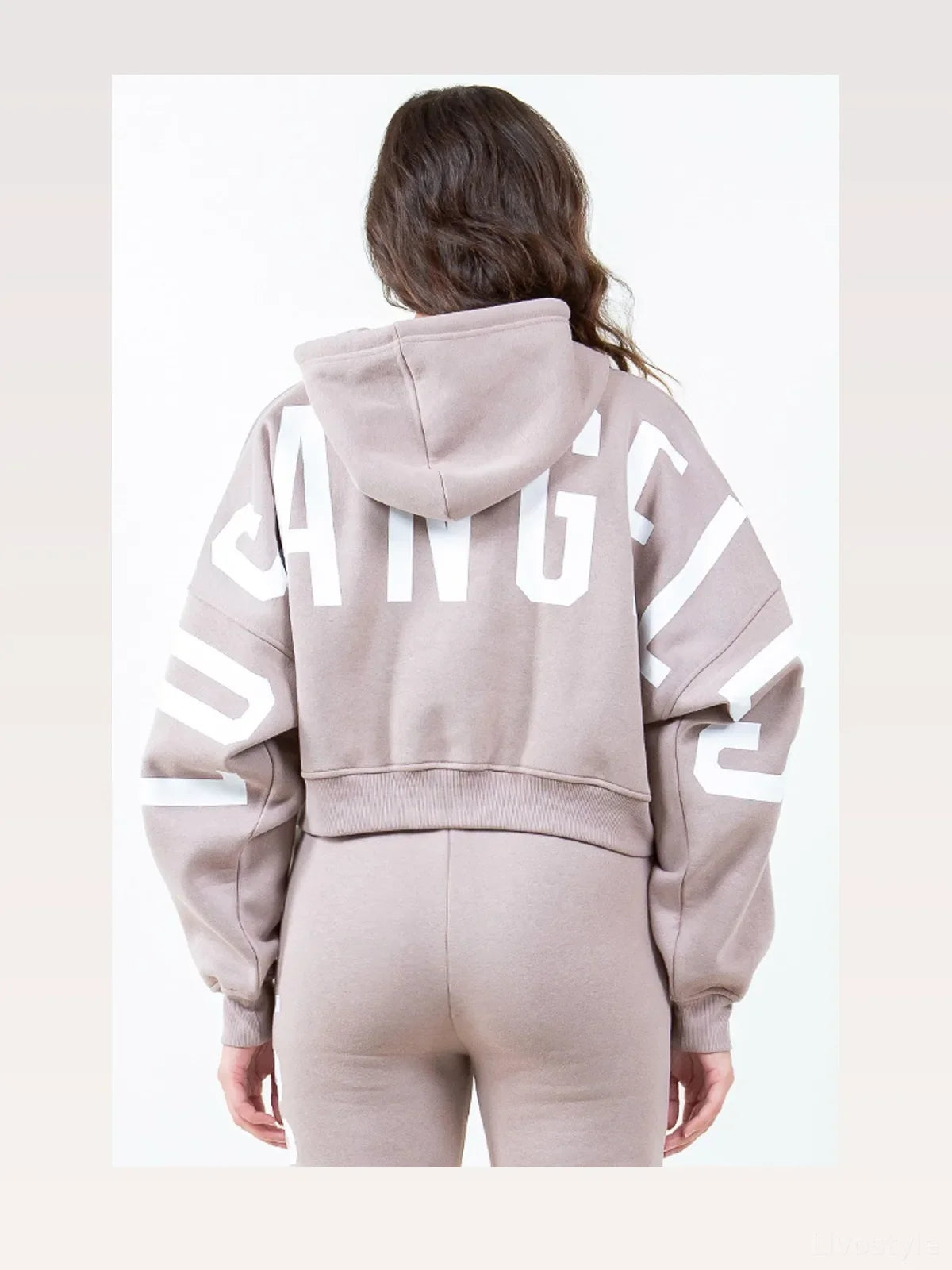 Letter Graphic Cropped Hoodie with Drawstring and Drop Shoulders