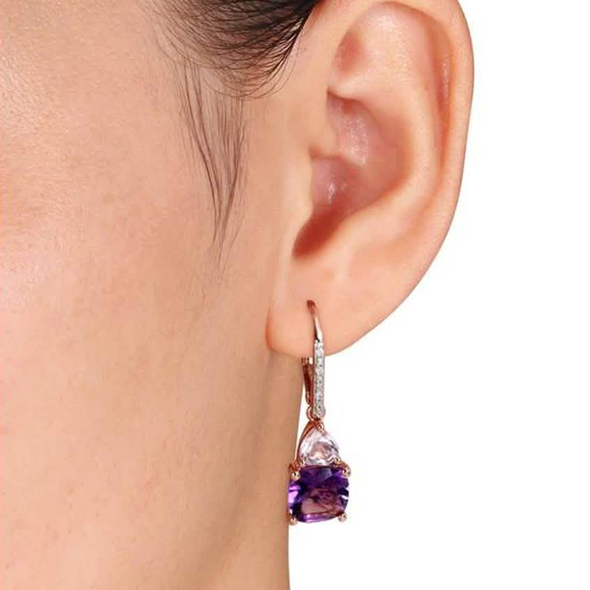 Amethyst and Tanzanite Duo Stone Dangling Leverback Earrings