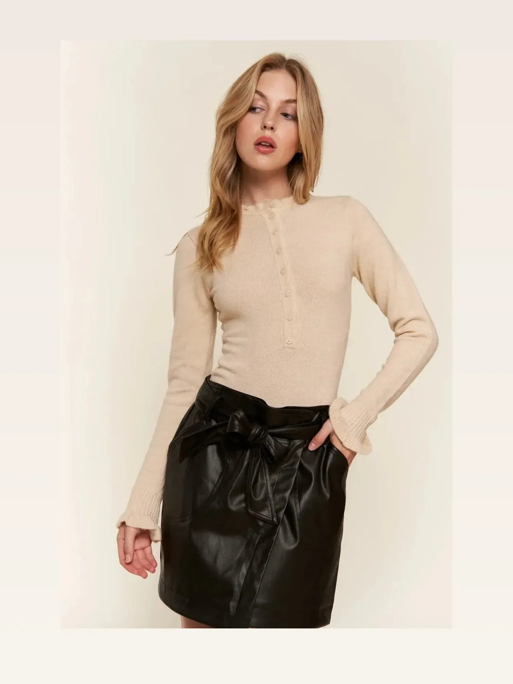 Half-Button Long Sleeve Bodysuit with Round Neck