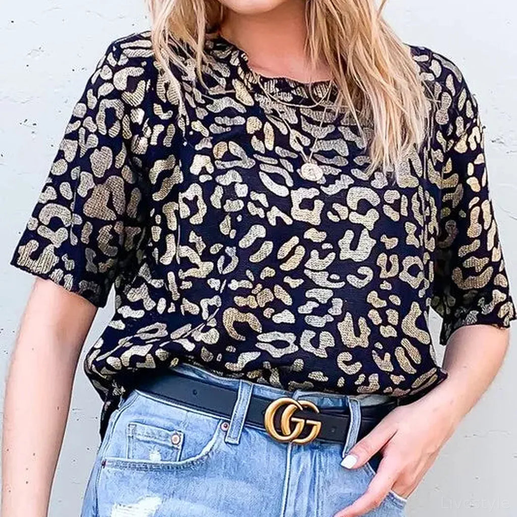 Leopard Foil Print Half Sleeve Crew Neck Sweater