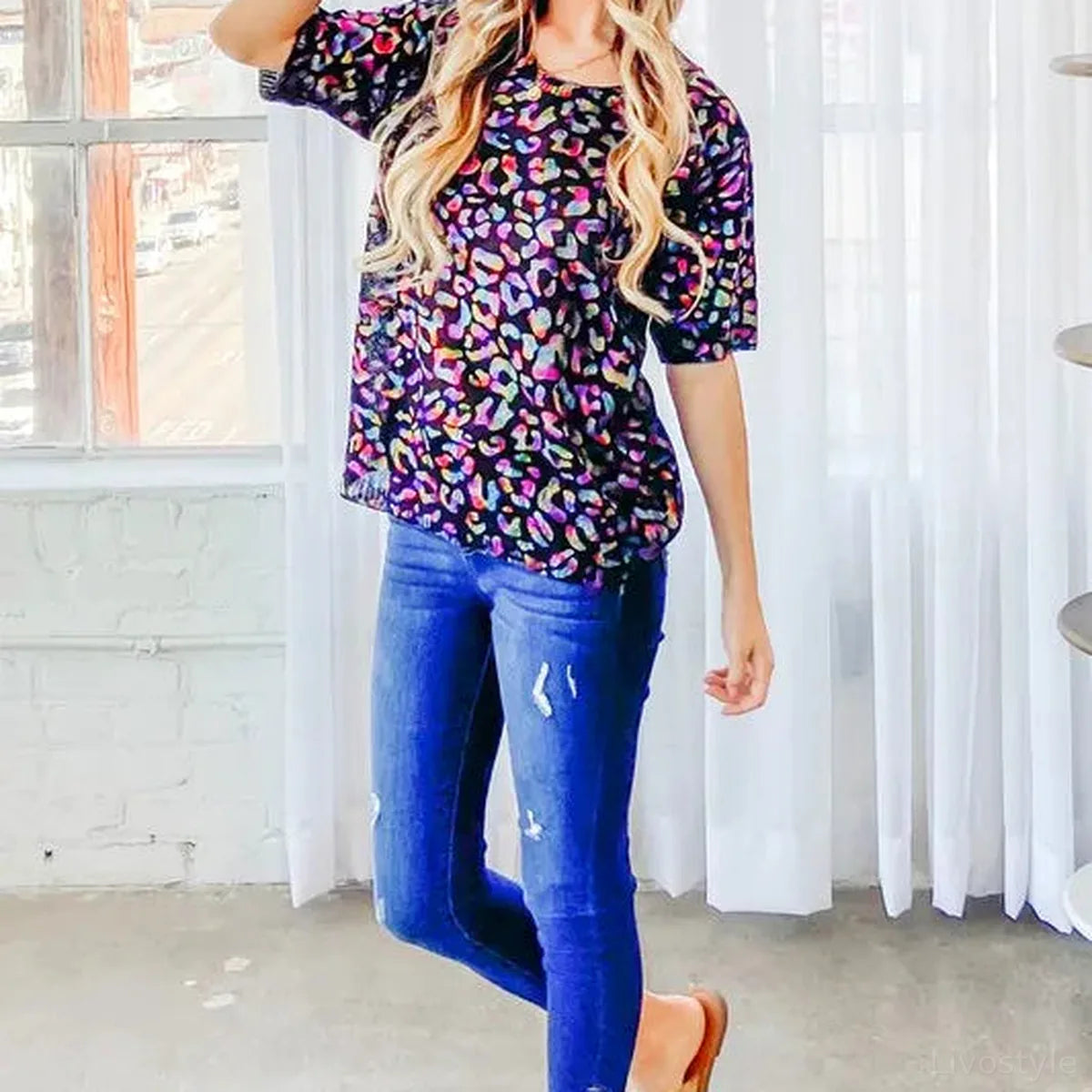 Leopard Foil Print Half Sleeve Knit Sweater