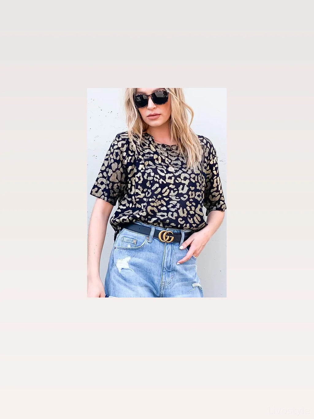 Leopard Foil Print Half Sleeve Crew Neck Sweater