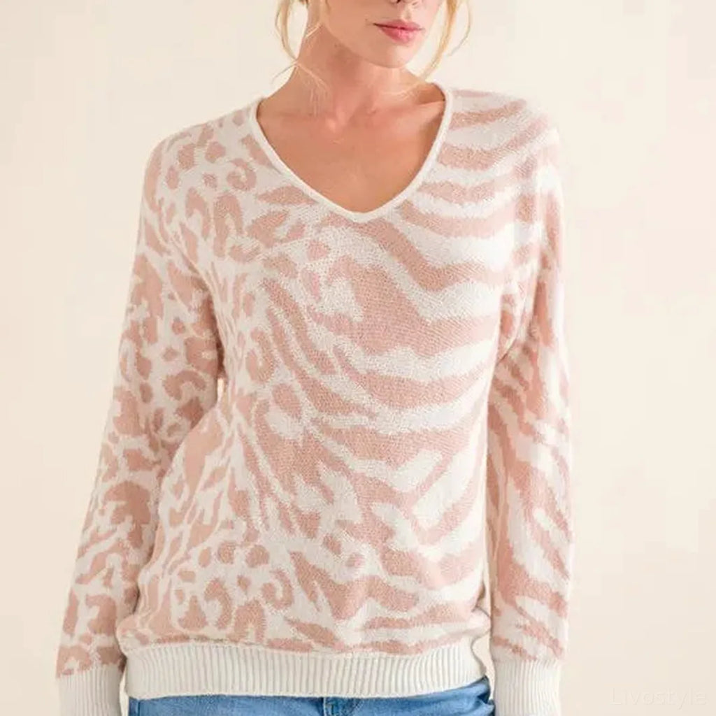 Leopard and Zebra Print Long Sleeve Knit Sweater