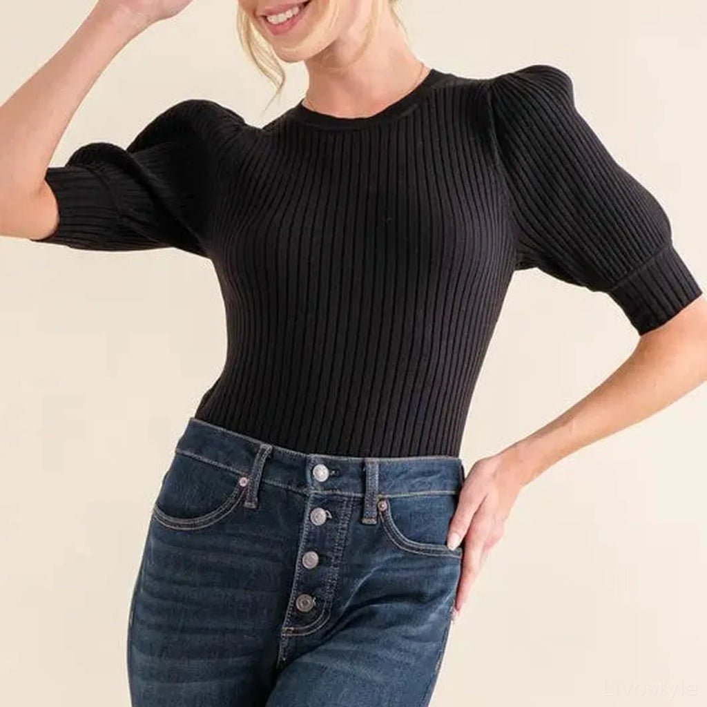 Black Ribbed Bodysuit with Puffed Half Sleeves