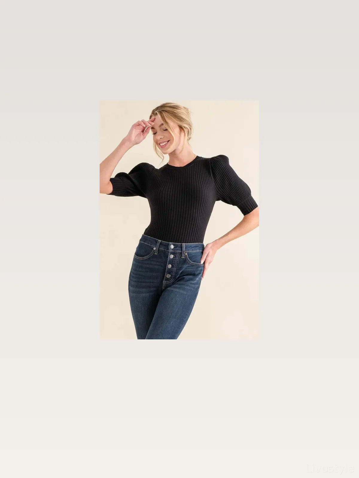 Black Ribbed Bodysuit with Puffed Half Sleeves