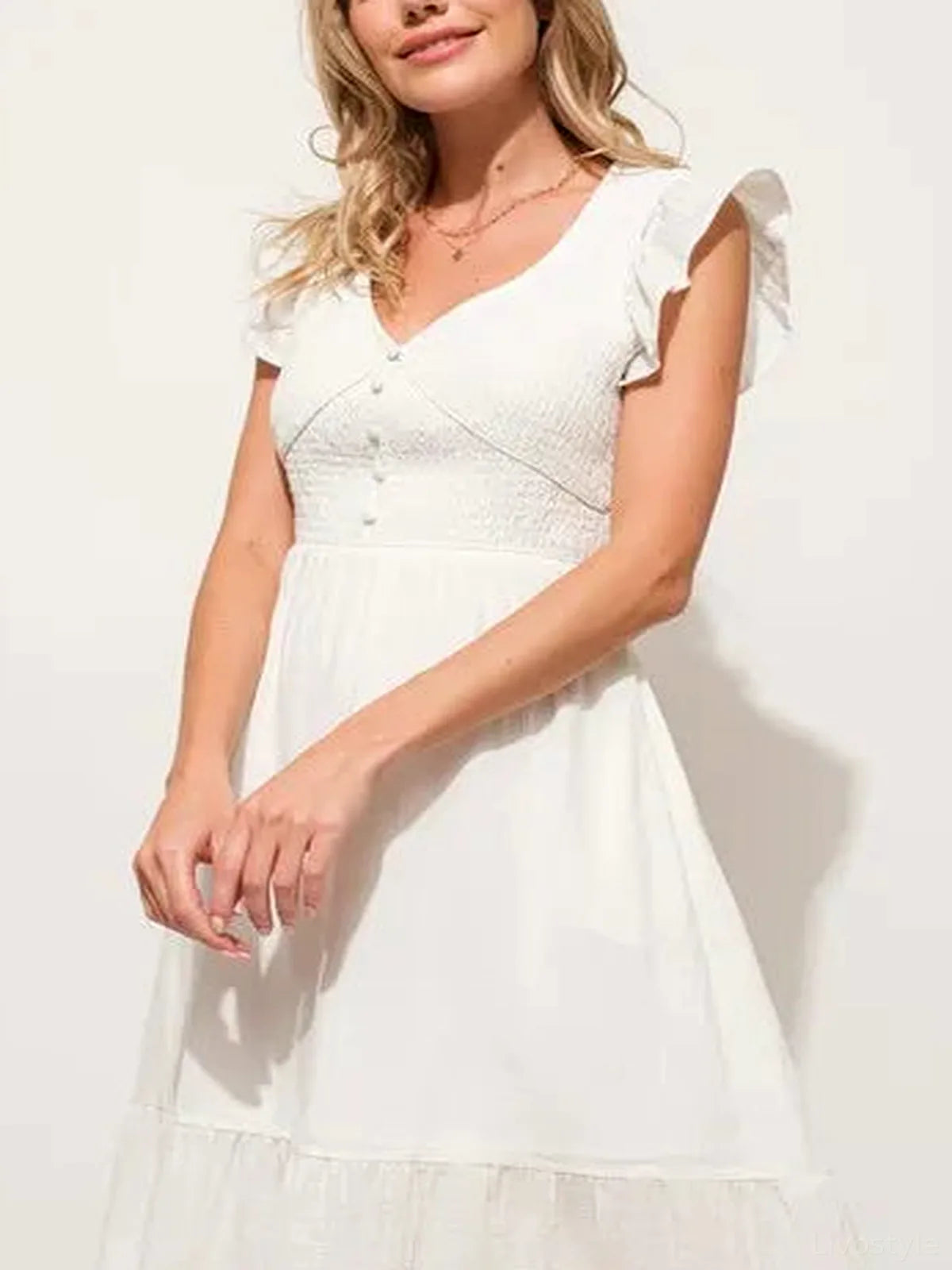 Ruffle Sleeve Smocked Midi Dress with Tiered Skirt