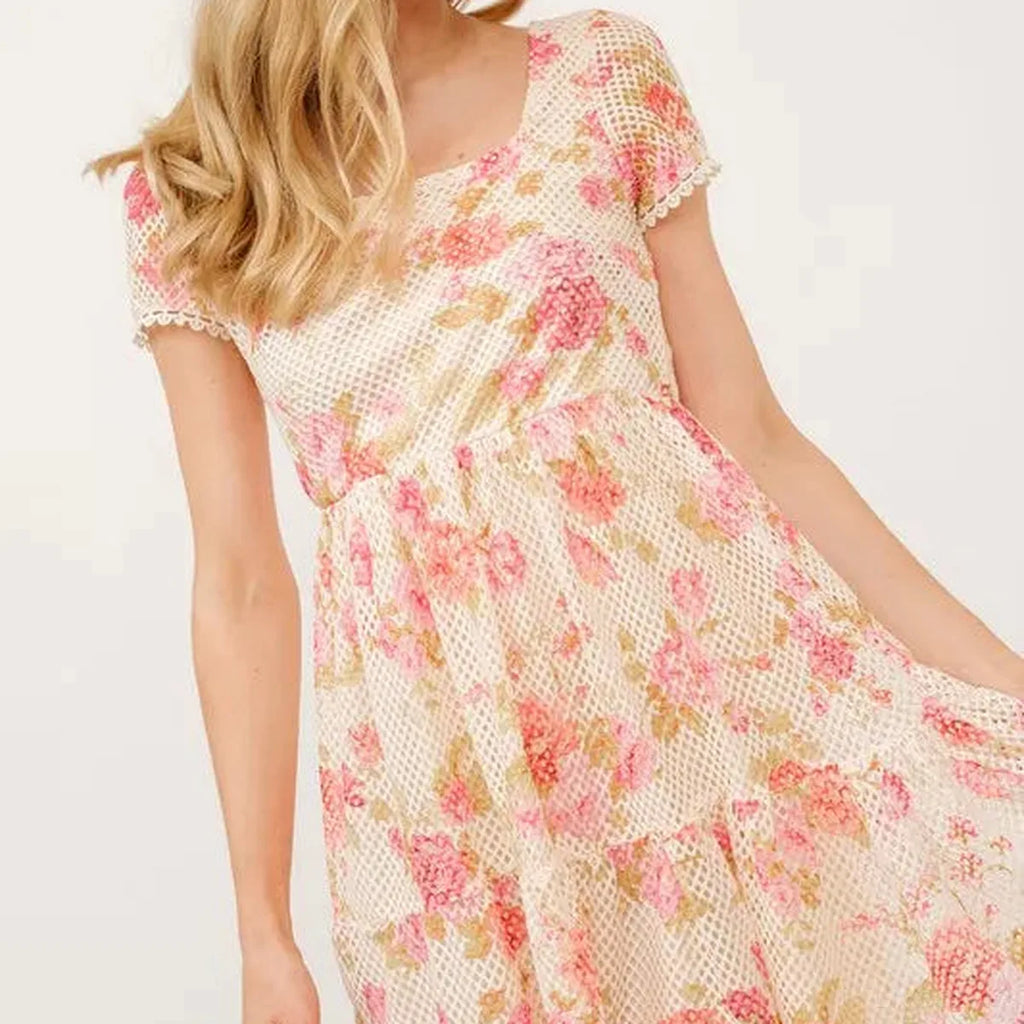 Square Neck Floral Tiered Dress with Fishnet Detailing