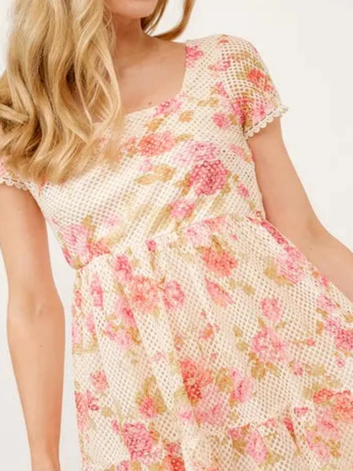 Square Neck Floral Tiered Dress with Fishnet Detailing
