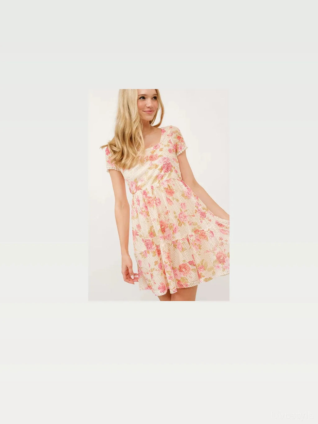 Square Neck Floral Tiered Dress with Fishnet Detailing