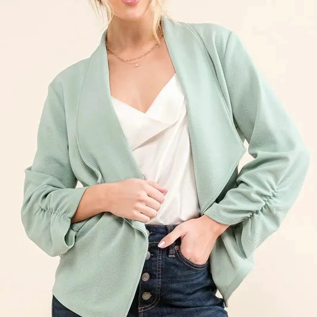 Wrinkle-Resistant Open-Front Blazer with Ruched Sleeves