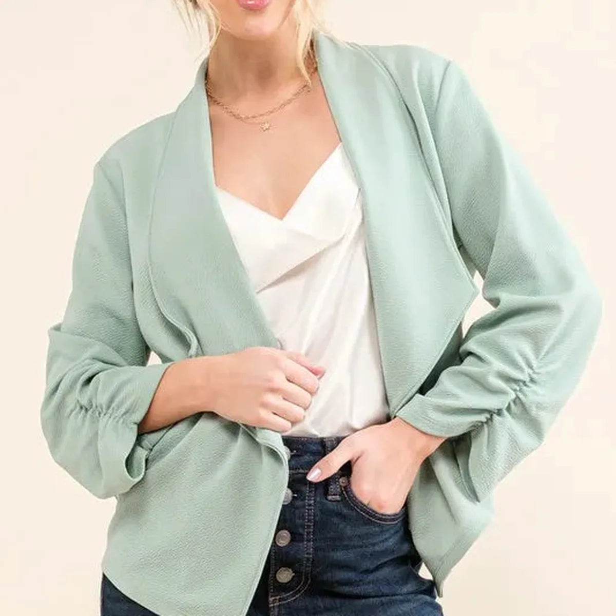 Wrinkle-Resistant Open-Front Blazer with Ruched Sleeves