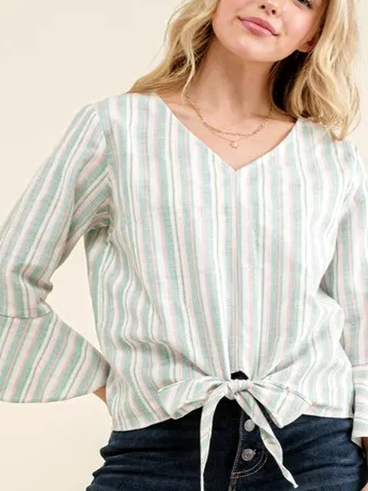 Striped Bell Sleeve Top with Tie Knot Front