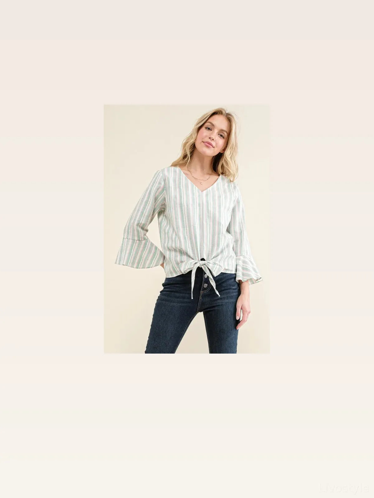Striped Bell Sleeve Top with Tie Knot Front