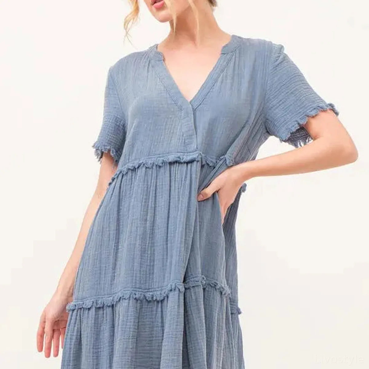 Washed Frayed Tiered Midi Dress with Ruffle Trim