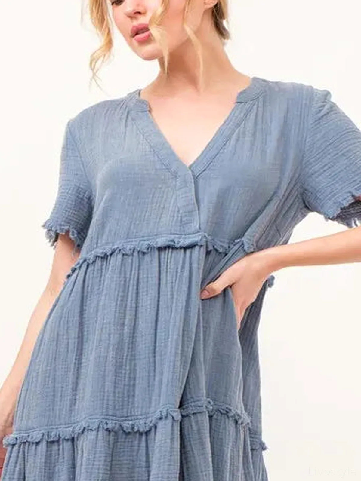 Washed Frayed Tiered Midi Dress with Ruffle Trim