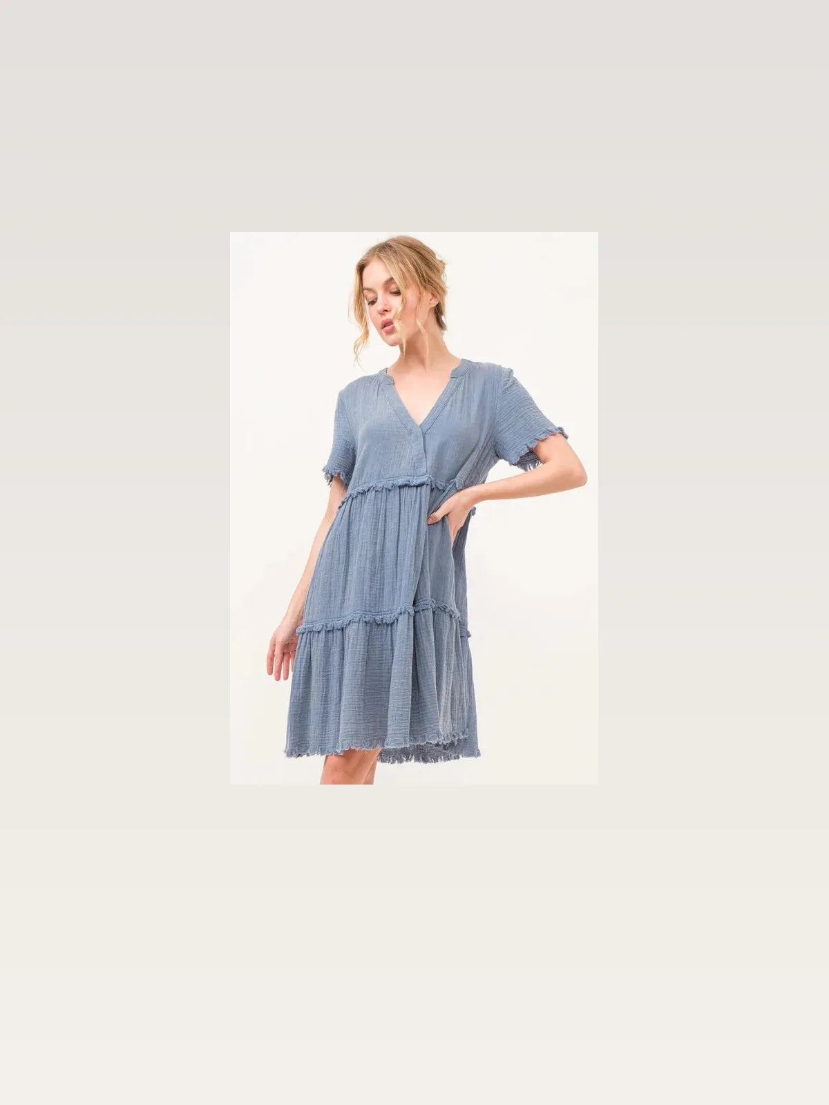 Washed Frayed Tiered Midi Dress with Ruffle Trim