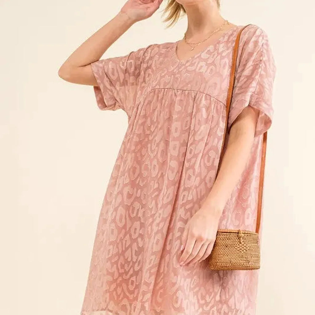Leopard Print Baby Doll Dress with Roll Sleeves