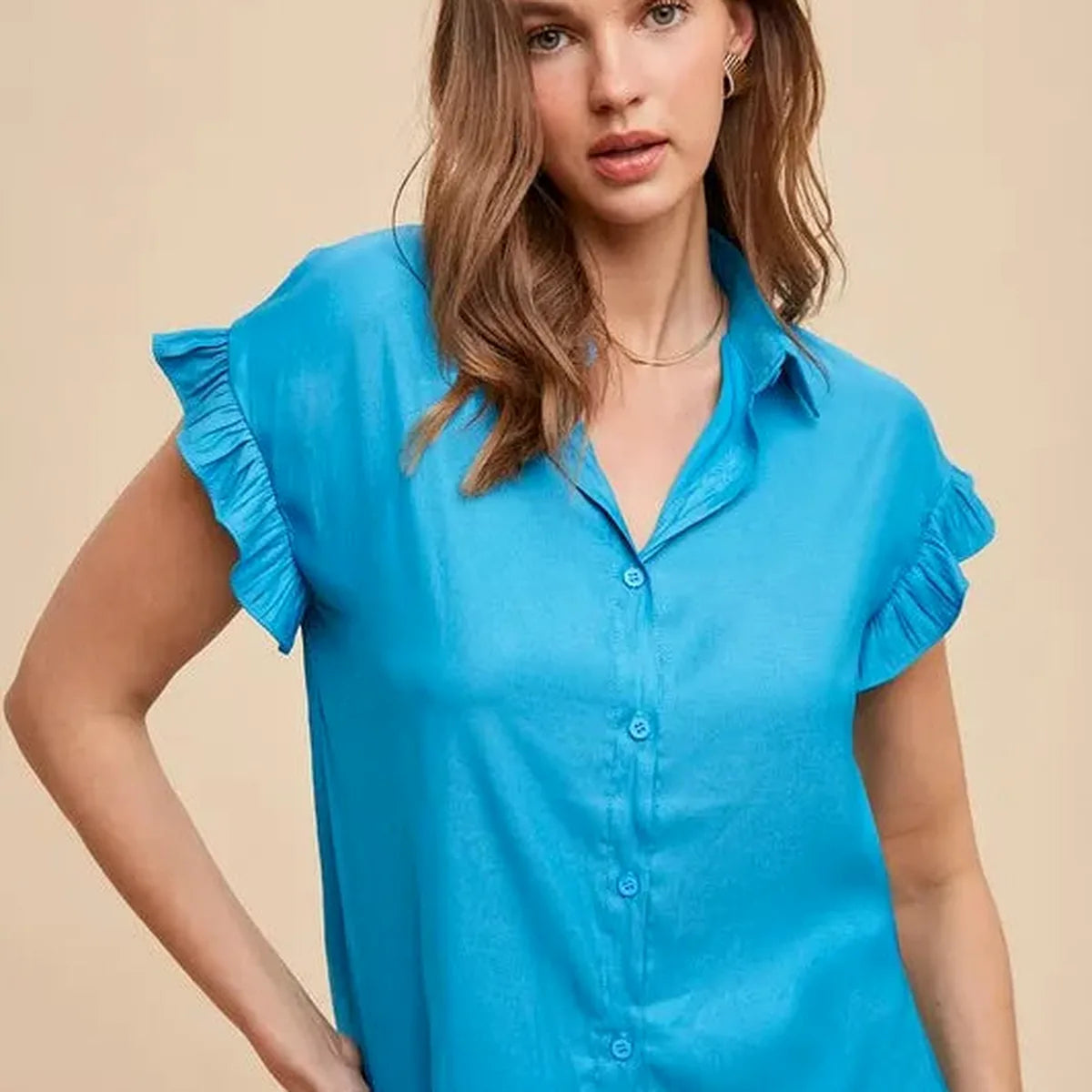 Ruffle Sleeve Collared Button-Down Blouse – Relaxed Fit