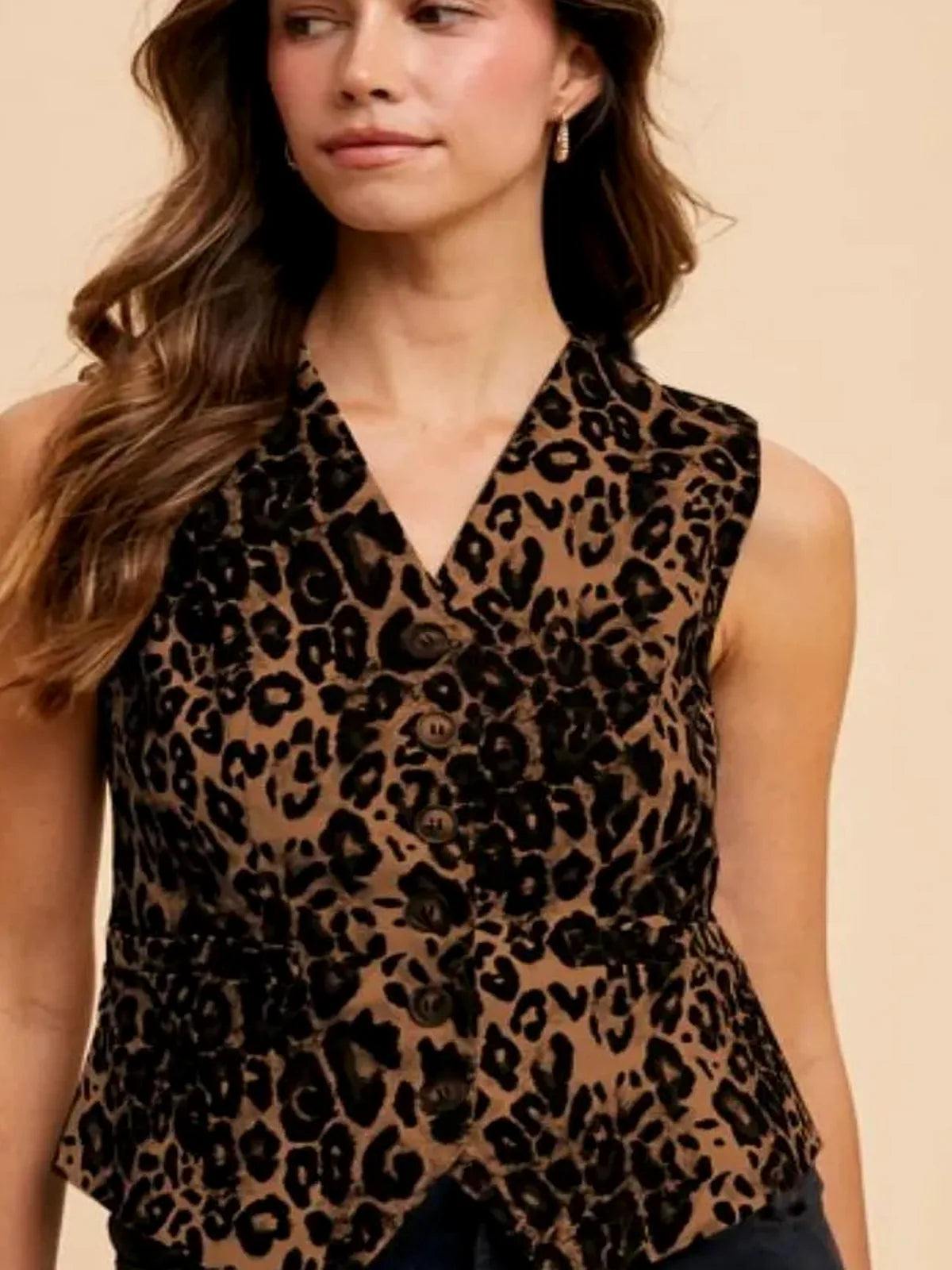 Stretch Leopard Denim Button Down Vest