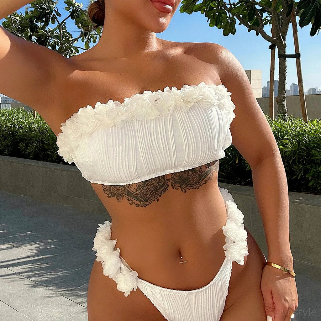 Applique Tie Back Strapless Ruffled Two-Piece Bikini Set