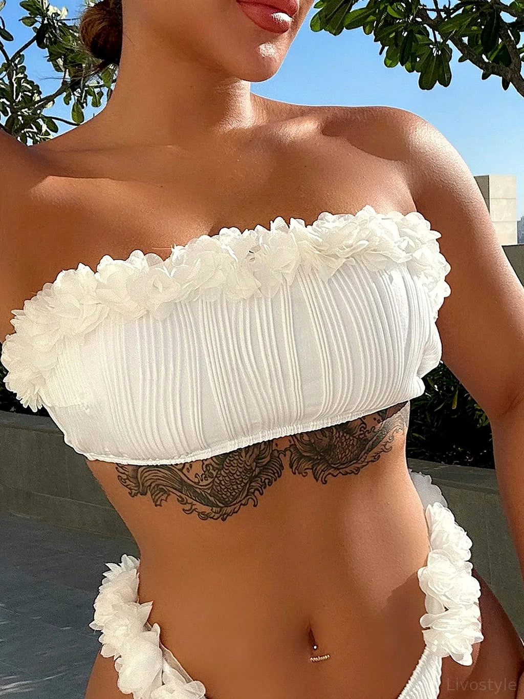 Applique Tie Back Strapless Ruffled Two-Piece Bikini Set
