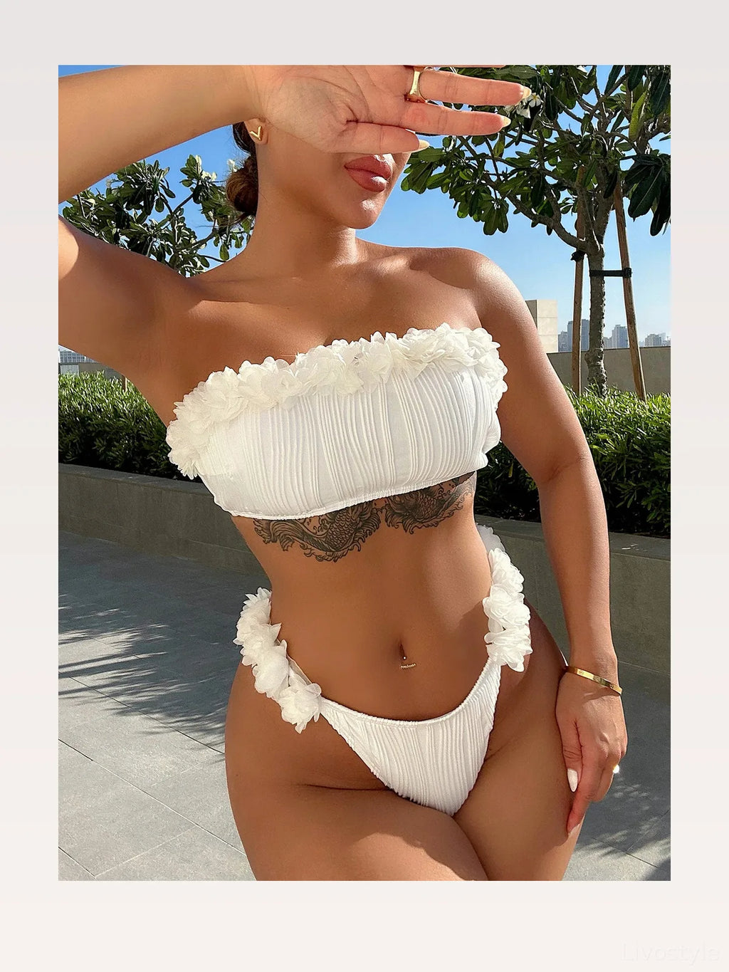 Applique Tie Back Strapless Ruffled Two-Piece Bikini Set