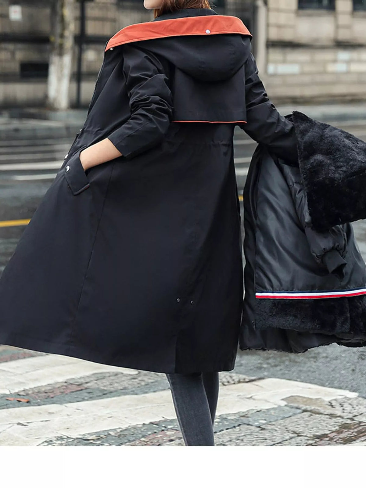 Detachable Longline Hooded Parka with Faux Fur Trim and Drawstring Waist
