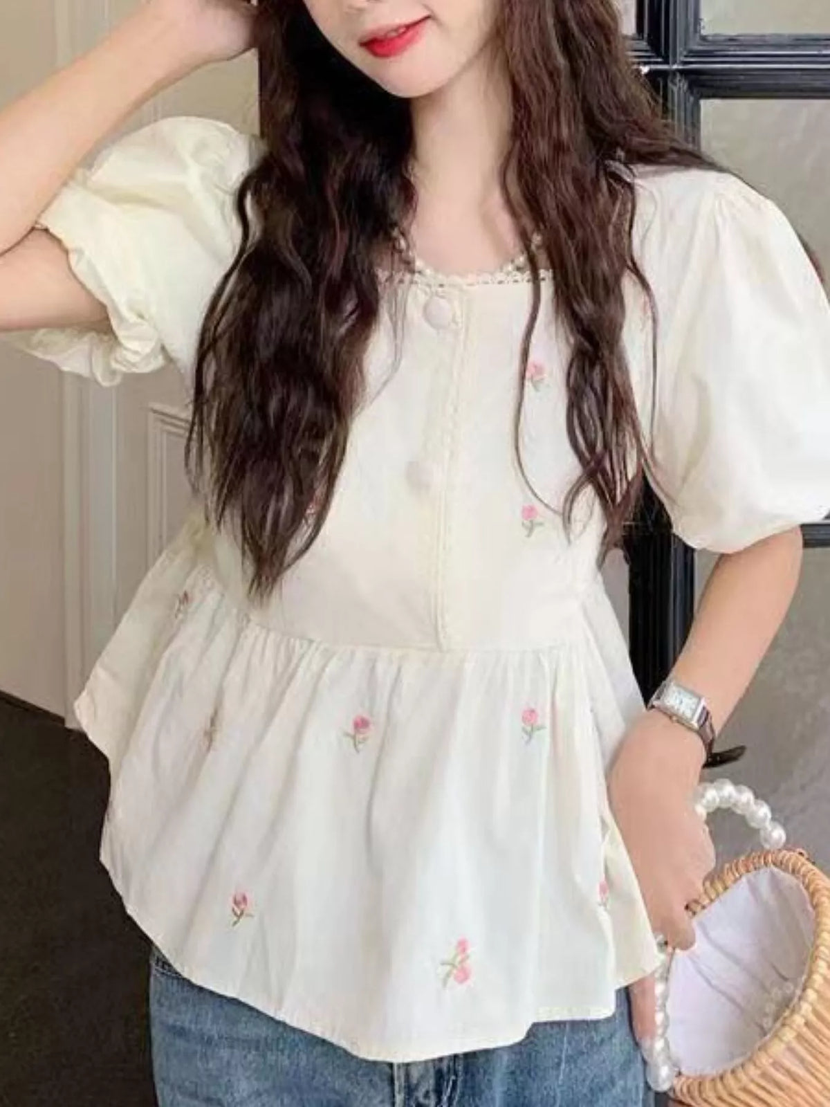 Floral Embroidered Puff Sleeve Peplum Blouse