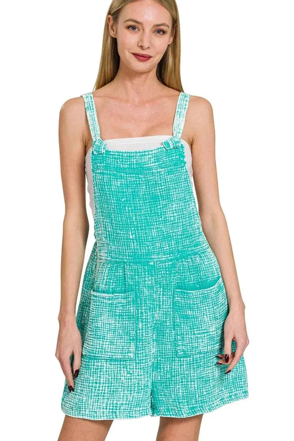 Turquoise Woven Double Gauze Acid Wash Romper