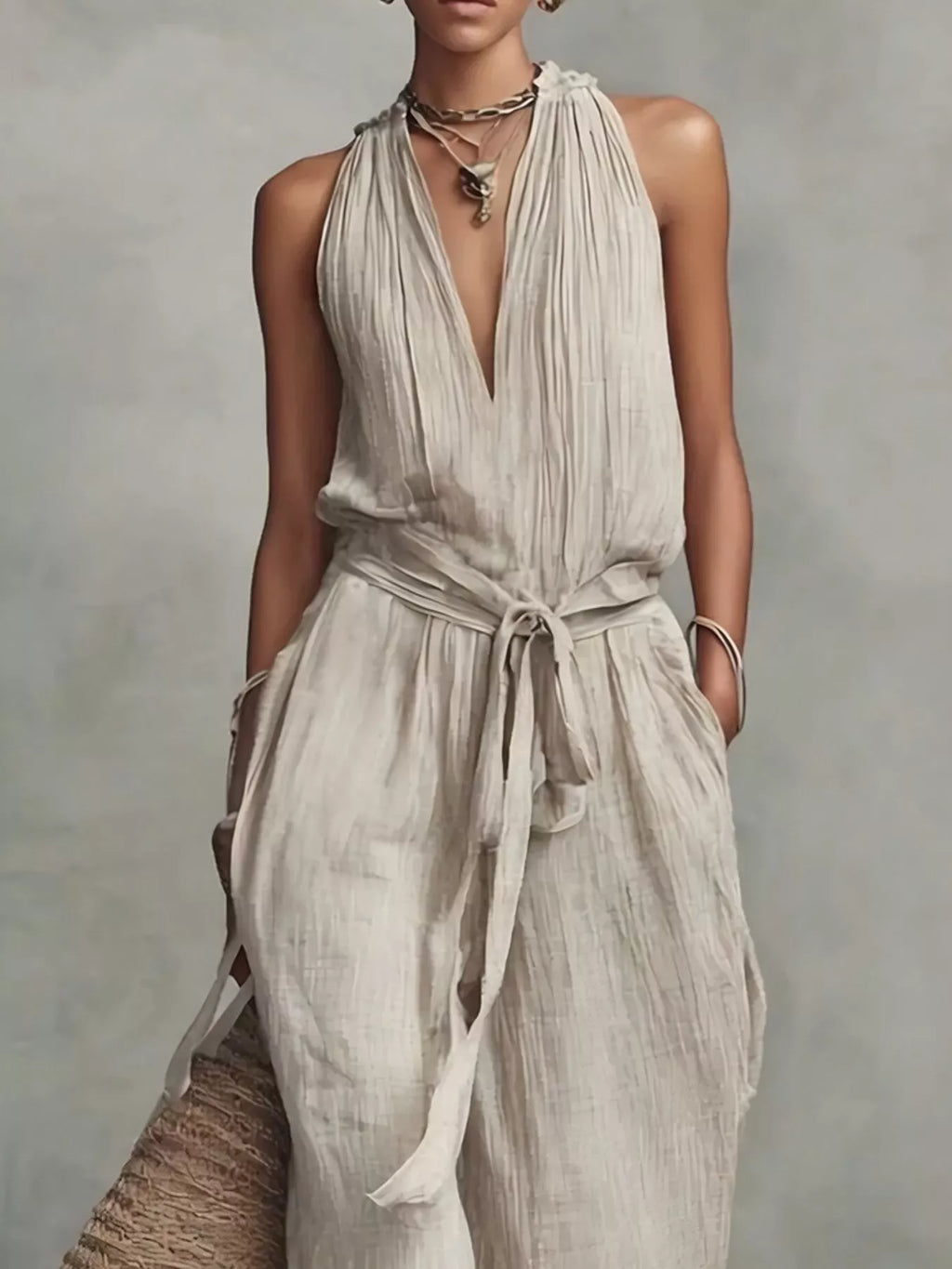 Sleeveless Wide-Leg Jumpsuit with Tie-Waist