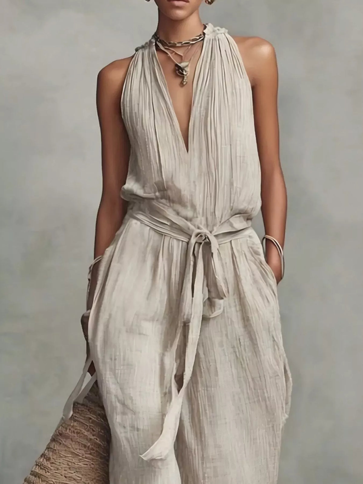 Sleeveless Wide-Leg Jumpsuit with Tie-Waist