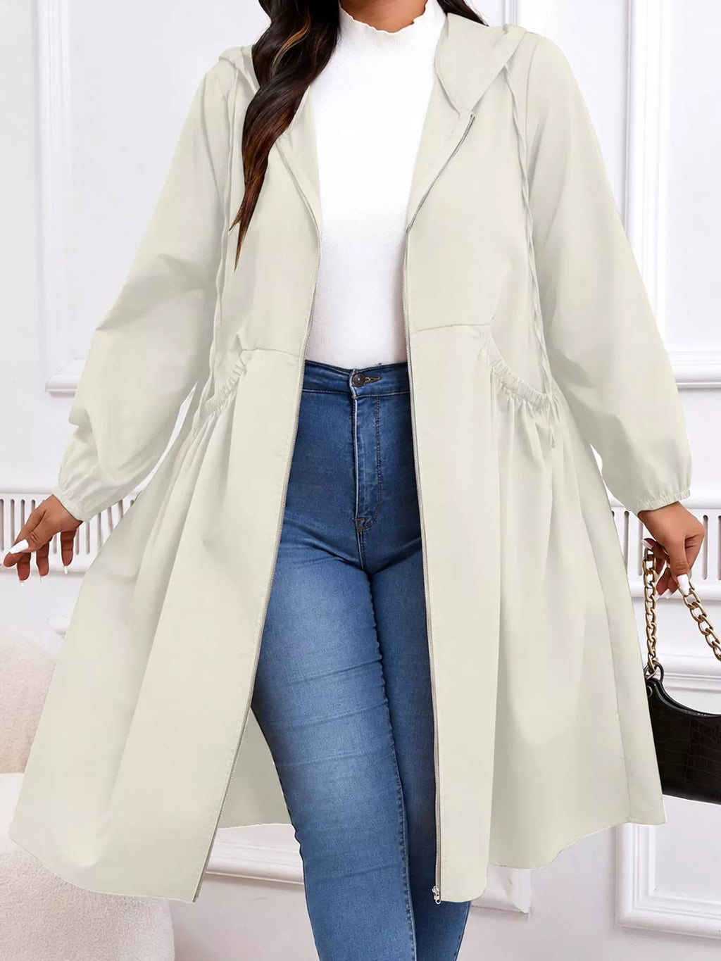 Plus Size Hooded Zip-Up Longline Windbreaker Outerwear