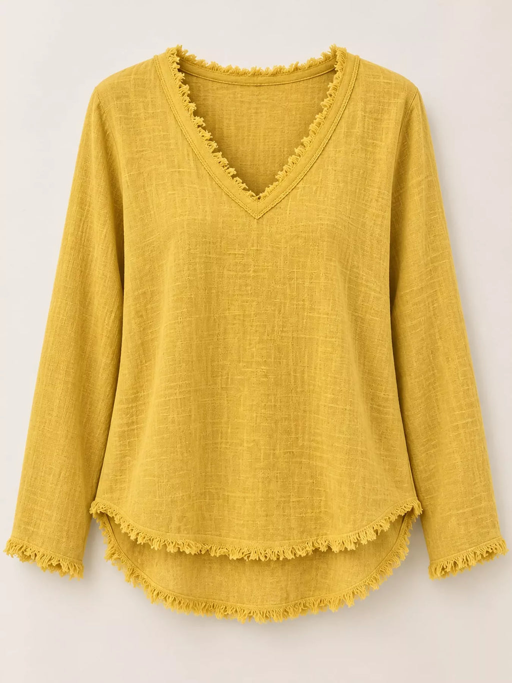 Full Size Frayed Hem V-Neck Long Sleeve Blouse Plus Size