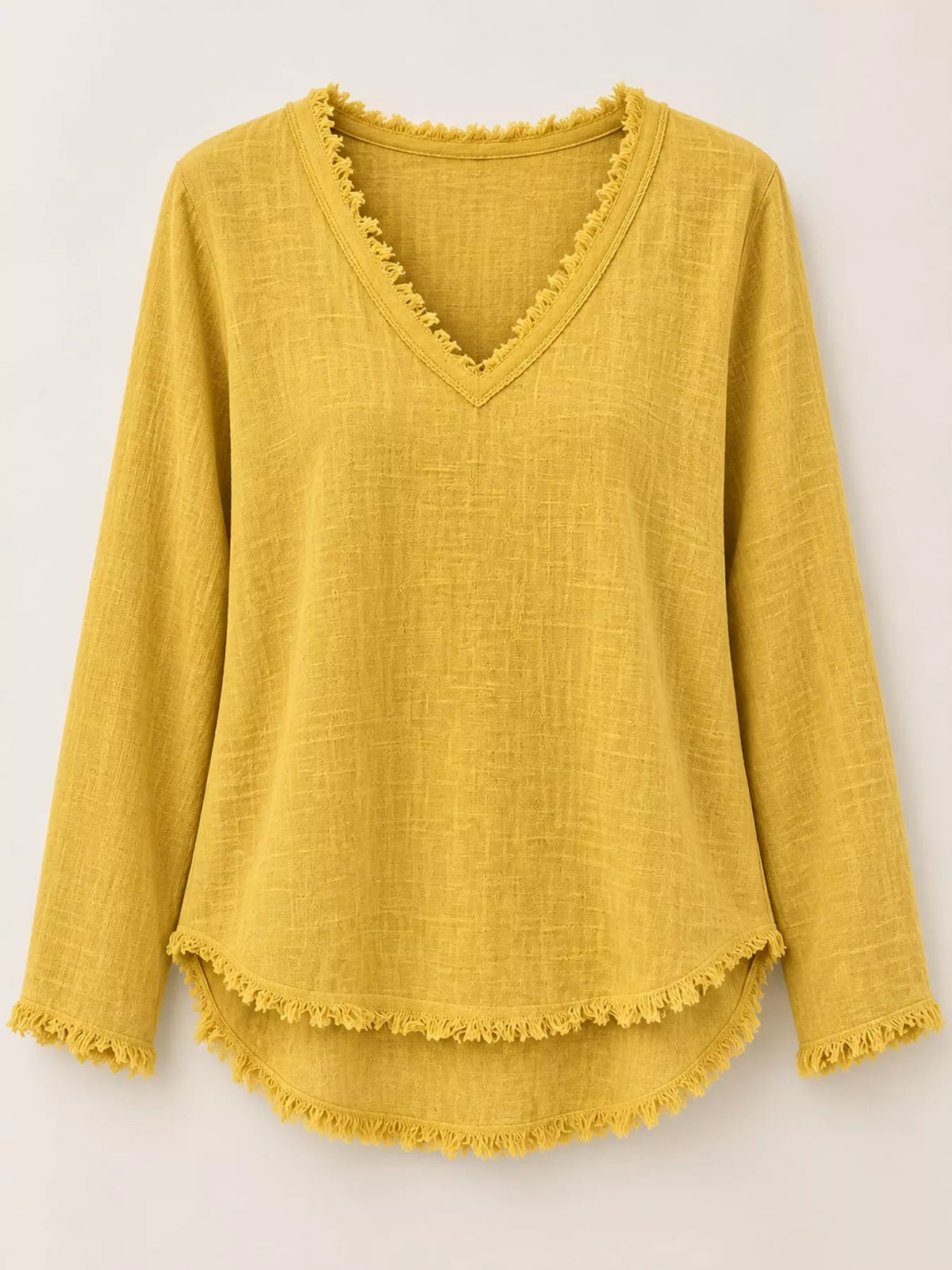 Full Size Frayed Hem V-Neck Long Sleeve Blouse Plus Size