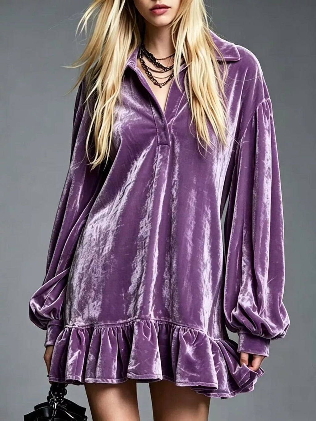 Full Size Velvet Long-Sleeve Ruffle Hem Mini Dress Plus Size