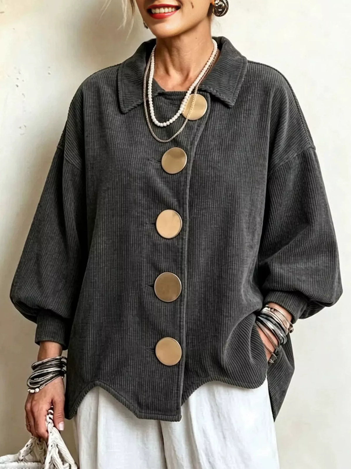 Full Size Corduroy Button-Down Jacket Plus Size