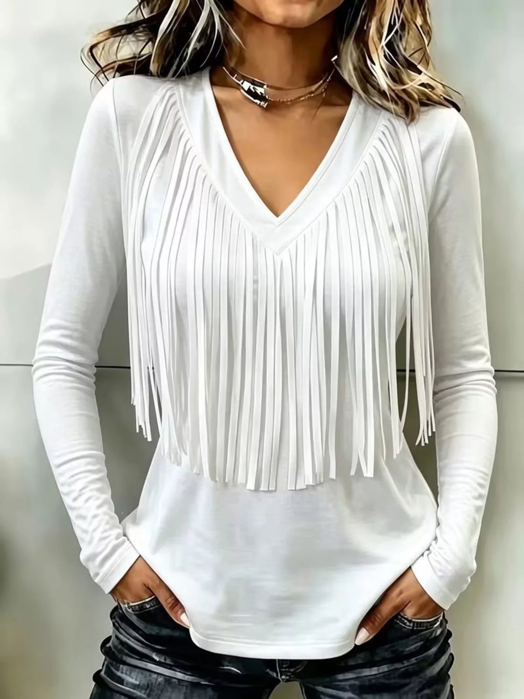 Fringe V-Neck Long Sleeve T-Shirt