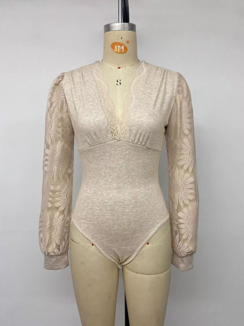 V-Neck Lace Trim Floral Mesh Sleeve Bodysuit