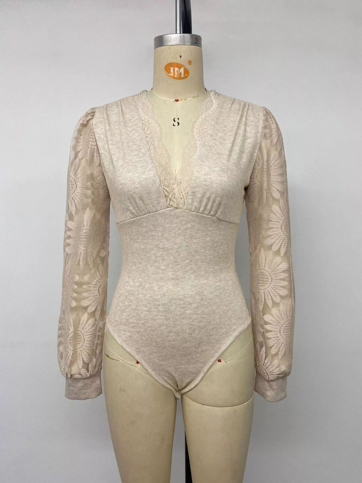 V-Neck Lace Trim Floral Mesh Sleeve Bodysuit