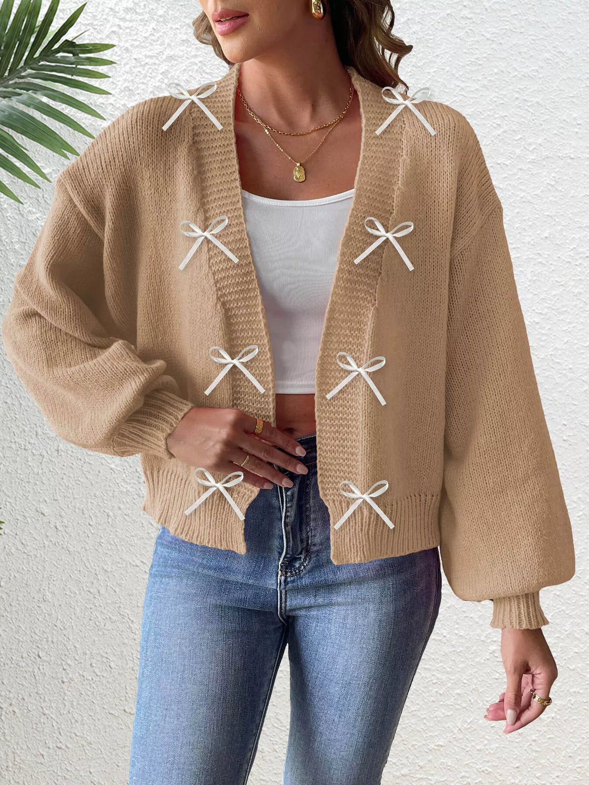 Bow-Tie Open Front Knit Cardigan
